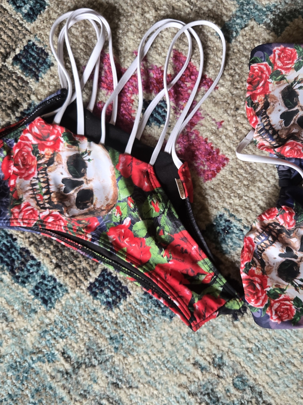 Skull & Rose Strappy Bikini Bottom - Red & Green